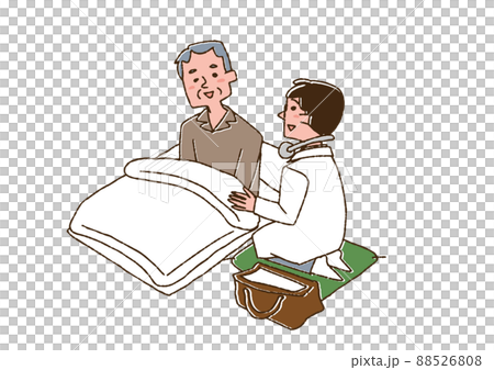 訪問医療を受ける高齢男性　コミカルな手書きの人物　ベクター、線画にカラー 88526808