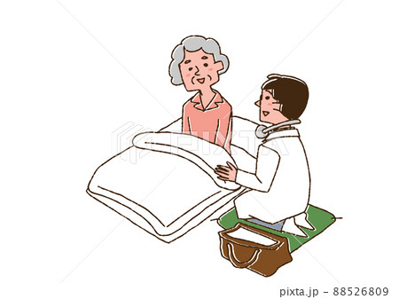 訪問医療を受ける高齢女性　コミカルな手書きの人物　ベクター、線画にカラー 88526809