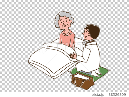 訪問医療を受ける高齢女性　コミカルな手書きの人物　ベクター、線画にカラー 88526809