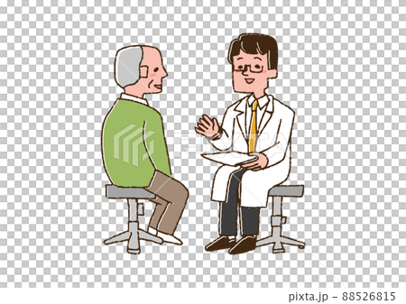 Doctor listening to the story of an elderly man Comical handwritten person Vector, line drawing and color Doctor listening to the story of an elderly man Comical handwritten person Vector, line drawing and color 88526815