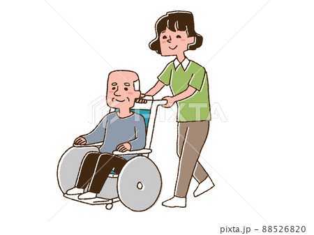 高齢男性が乗った車椅子を押す介護士　コミカルな手書きの人物　ベクター、線画にカラー 88526820