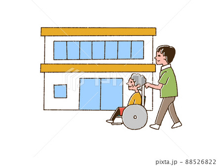 老人ホームに向かう高齢者と介護士 コミカルな手書きの人物 ベクター 線画にカラーのイラスト素材 5262