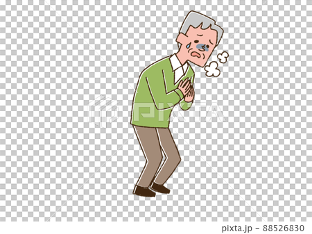 息苦しさを感じている高齢男性　コミカルな手書きの人物　ベクター、線画にカラー 88526830