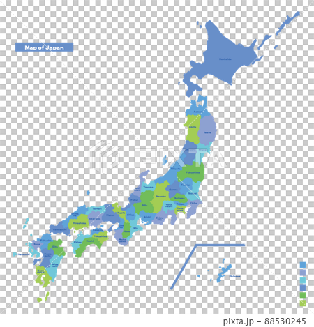 日本，日本列島的地圖我嘗試在下雨天按顏色進行顏色編碼（英文版） 88530245