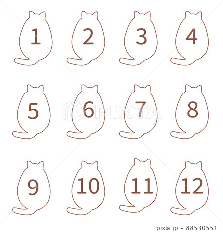 シンプルなネコの後ろ姿のイラスト素材 1から12 数字 セット ぽっちゃりのイラスト素材