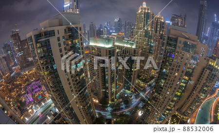 Skyscrapers skyline in Dubai Downtown in the evening aerial timelapse. 88532006