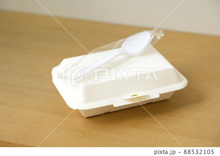 Eco-friendly disposable food box and tableware for fast food on table. 88532105