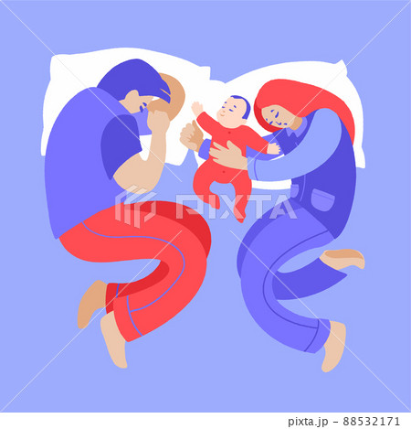 Happy family nap. Mother, father and baby sleeping together on bed top view. Happy family nap. Mother, father and baby sleeping together on bed top view. 88532171