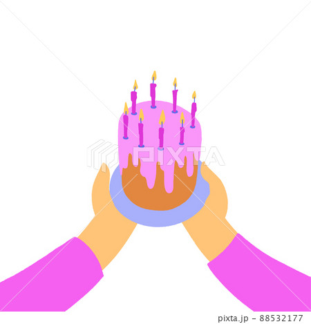 Happy Birthday. Hands hold out the cake with candles. Happy Birthday. Hands hold out the cake with candles. 88532177