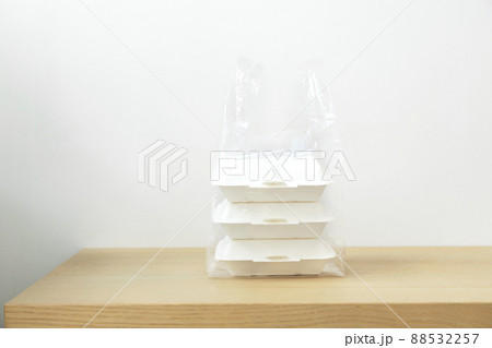 Food containers box on wood table. Food delivery service. Food containers box on wood table. Food delivery service. 88532257