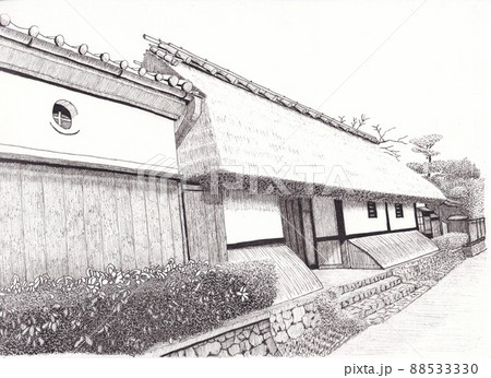 かやぶき屋根のイラスト素材
