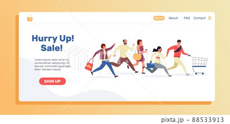 Shopping people landing page. Sale and discount web site template with running persons. Vector web page 88533913