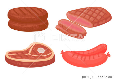 Cartoon meat food. Raw product ingredients as patty, steak and sausages for butchery store. Organic meat Cartoon meat food. Raw product ingredients as patty, steak and sausages for butchery store. Organic meat 88534001