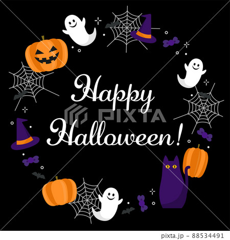 ハロウィン　かわいいオバケやカボチャの丸フレーム素材／文字入り（黒背景） 88534491
