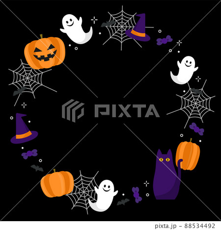 ハロウィン　かわいいオバケやカボチャの丸フレーム素材（黒背景） 88534492