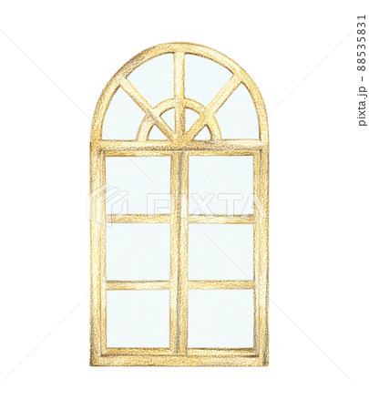 閉まった洋風の木製の窓　すりガラス　手描き色鉛筆画 88535831