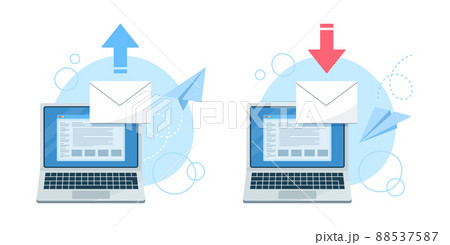 ノートパソコンでメールを送信. ノートパソコンでメールを受信. ベクターイラストのセット. ノートパソコンでメールを送信. ノートパソコンでメールを受信. ベクターイラストのセット. 88537587