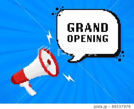 Grand opening megaphone. Pixel style illustration. Celebrate party. Party flyer 88537976