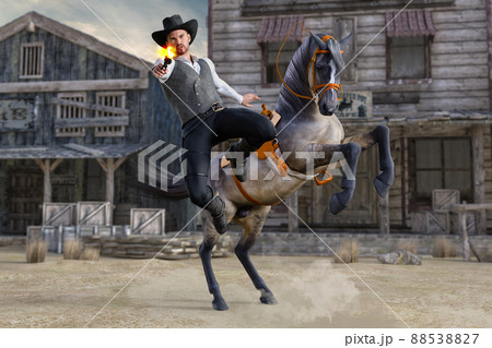 乗っていた馬から飛び降りながら銃を撃ち続ける険しい表情のカウボーイハットをかぶった男 88538827