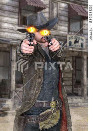 カフェの前で両手に銃を持ち連射するカウボーイハットをかぶった男性 88538836