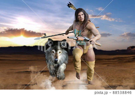 若い勇敢なインディアンの男性が相棒の狼と一緒に敵の所へ走って向かう 若い勇敢なインディアンの男性が相棒の狼と一緒に敵の所へ走って向かう 88538846