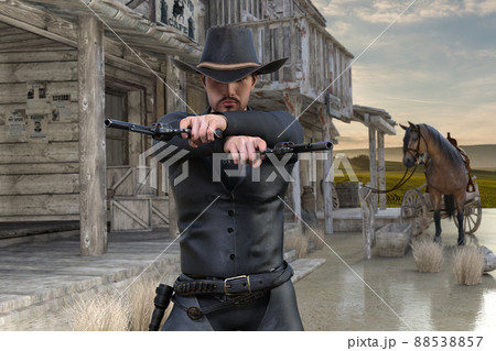 馬を停めて二丁の拳銃を両手に持ったカウボーイハットをかぶった男が