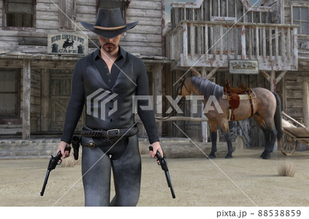 馬を止めて二丁の拳銃を両手に持ったカウボーイハットをかぶった男が静かに打ち合いに行く 88538859
