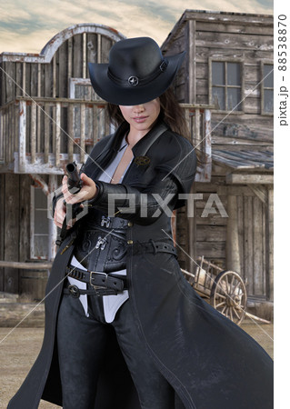 カウボーイハットをかぶりロングコートを着た女性保安官がうつむき大きなライフル銃を持ち撃とうとする 88538870