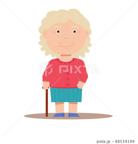 Grandmother in a sweater and skirt stands with a stick Grandmother in a sweater and skirt stands with a stick 88539199