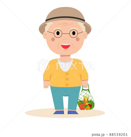 Grandfather in a sweater and trousers stands with groceries Grandfather in a sweater and trousers stands with groceries 88539201