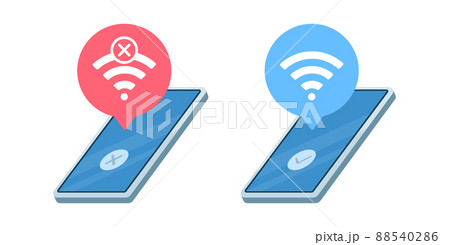 スマートフォンをWi-Fiに接続する, 接続エラーになる. それぞれのベクターイラスト. スマートフォンをWi-Fiに接続する, 接続エラーになる. それぞれのベクターイラスト. 88540286