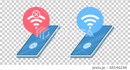 スマートフォンをWi-Fiに接続する, 接続エラーになる. それぞれのベクターイラスト. スマートフォンをWi-Fiに接続する, 接続エラーになる. それぞれのベクターイラスト. 88540286