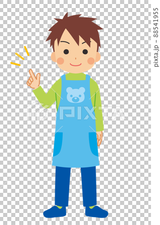 シンプルで可愛い若い幼稚園の先生の男性のイラスト 指差し 全身 白背景のイラスト素材