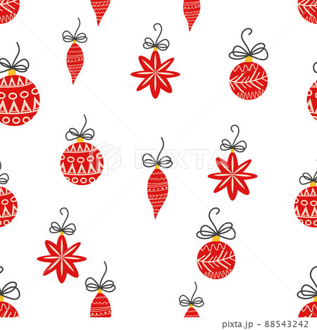 Hand drawn seamless pattern with cute hand drawn Christmas tree decorations, baubles. New Year baubles print. 88543242