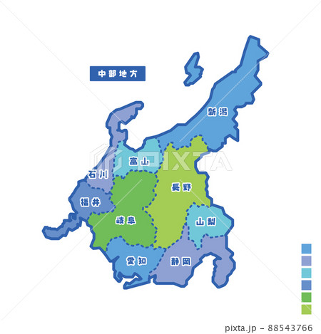 日本の地域図・日本地図 中部地方 雨の日カラーで色分けしてみた