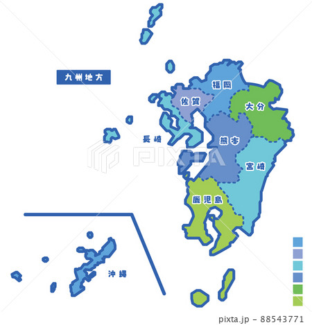 日本の地域図・日本地図 九州地方 雨の日カラーで色分けしてみた 88543771