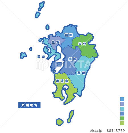 日本の地域図・日本地図 九州地方 雨の日カラーで色分けしてみた 88543779