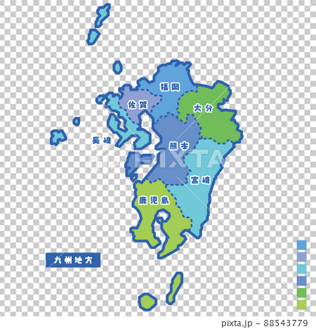 日本の地域図・日本地図 九州地方 雨の日カラーで色分けしてみた 88543779