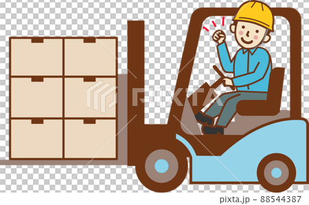 A male worker who carries luggage with a forklift and makes a guts pose. 88544387