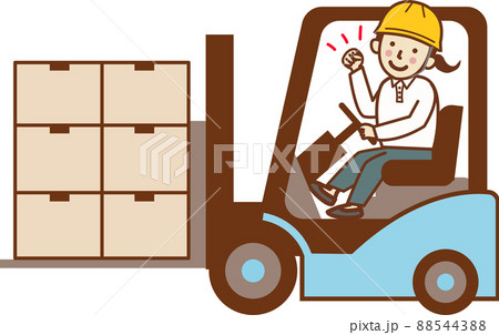 フォークリフトで荷物を運び ガッツポーズをする女性作業員 のイラスト素材 5443