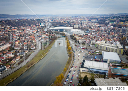 Aerial above view of river crossing the city Aerial above view of river crossing the city 88547806