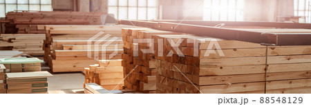 Wooden planks and boards in building under construction 88548129