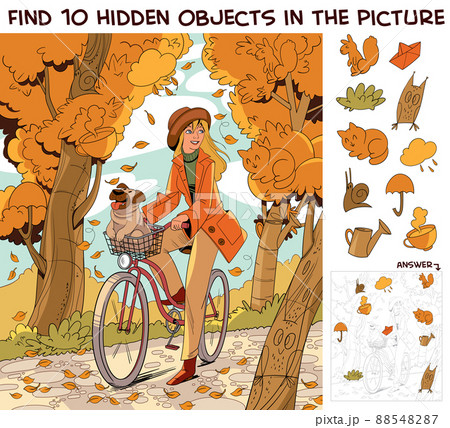 Girl riding a bike in autumn park. Find 10 hidden objects in the picture 88548287