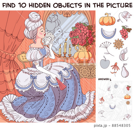Baroque girl sitting at a dressing table. Find 10 hidden objects in the picture Baroque girl sitting at a dressing table. Find 10 hidden objects in the picture 88548305