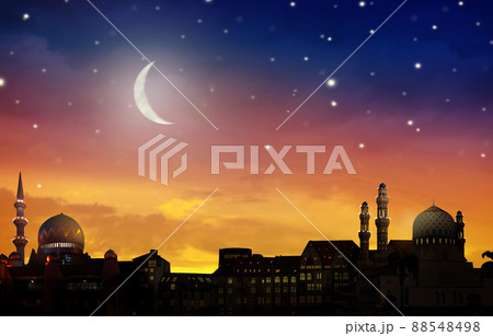 Ramadan Kareem greeting. Night sky, crescent moon. 88548498