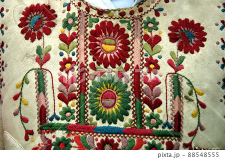 Traditional Romanian Hungarian costume detail with flower motif 88548555