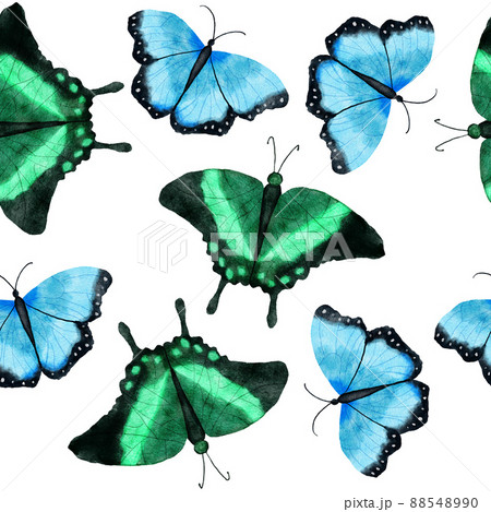 Watercolor hand drawn seamless pattern with butterfly dragonfly moth insects. Bright colorful blue green orange butterflies wild wildlife nature background design for textile wallpaper. 88548990