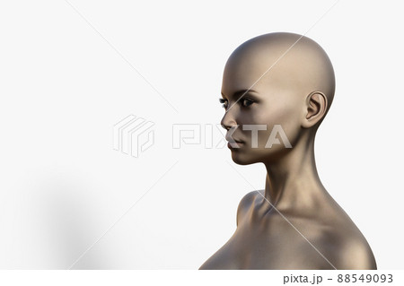 3D render portrait of a bald caucasian woman on a white background.  88549093