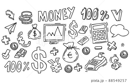 Big set of money drawings. Banknotes and bills, money and coins, cash, money bag and wallet, terminal in linear hand doodle style. Vector illustration. Isolated outline elements for design 88549257