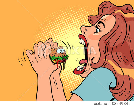 Woman bites cute burger character in restaurant, Fast food humor 88549849